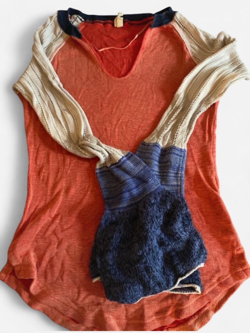 We The Free Navy Trim Rust-Red Top with Knit Detail